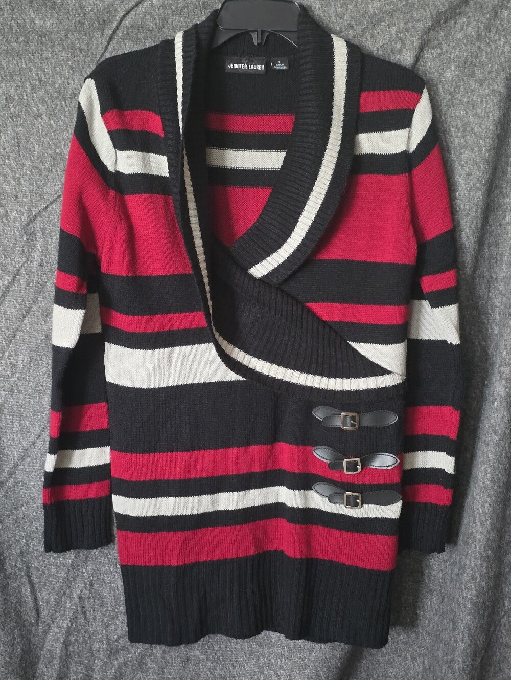Jennifer Lauren Long Stripped V-Neck Sweater - Size Large